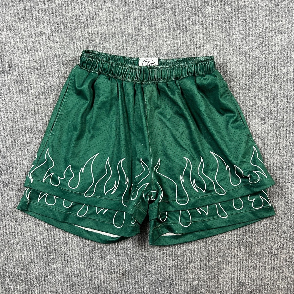 Mens Basketball Shorts Small Green Flame Logo Mesh Double Layered Elastic Waist